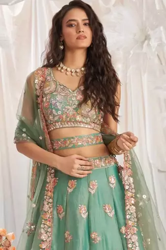 Pista Green Organza Zari Sequin Embroidery Work Lehenga Choli