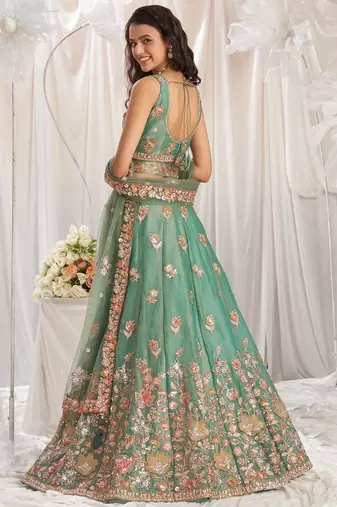 Pista Green Organza Zari Sequin Embroidery Work Lehenga Choli