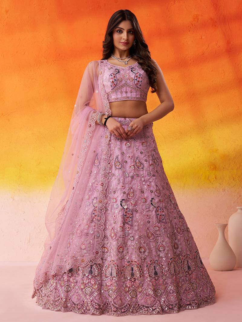 Pink Net Sequins embroidery Lehenga Choli With Dupatta