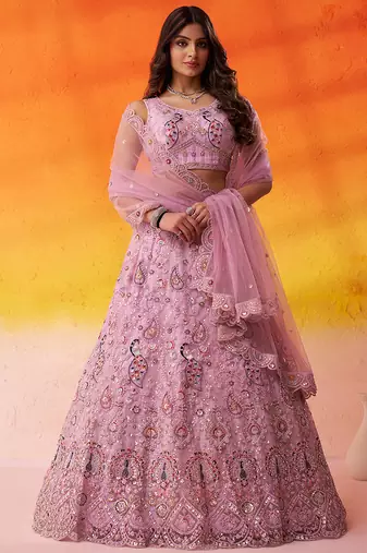 Pink Net Sequins embroidery Lehenga Choli With Dupatta