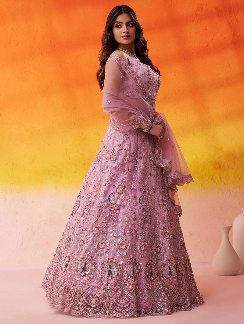 Pink Net Sequins embroidery Lehenga Choli With Dupatta
