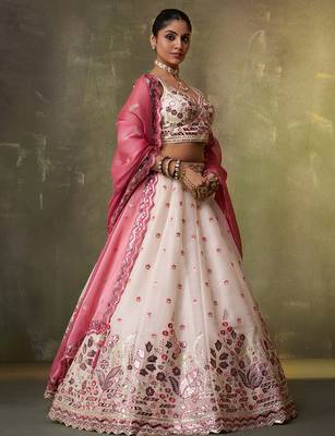 Cream Organza Sequins Thread & Embroidery Lehenga Choli With Dupatta 3