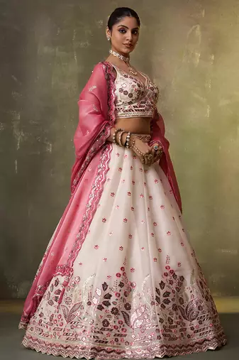 Cream Organza Sequins Thread & Embroidery Lehenga Choli With Dupatta