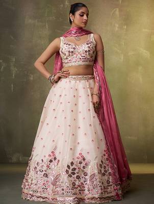 Cream Organza Sequins Thread & Embroidery Lehenga Choli With Dupatta 4