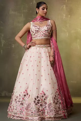 Cream Organza Sequins Thread & Embroidery Lehenga Choli With Dupatta