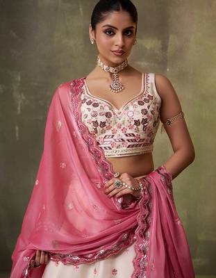 Cream Organza Sequins Thread & Embroidery Lehenga Choli With Dupatta 5