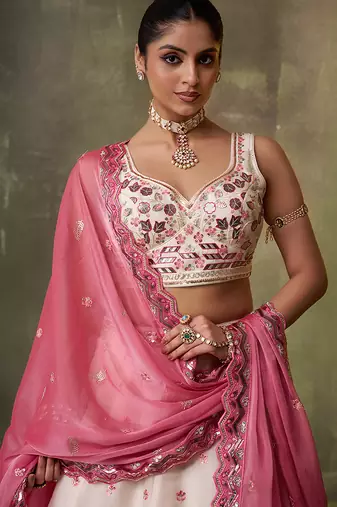 Cream Organza Sequins Thread & Embroidery Lehenga Choli With Dupatta