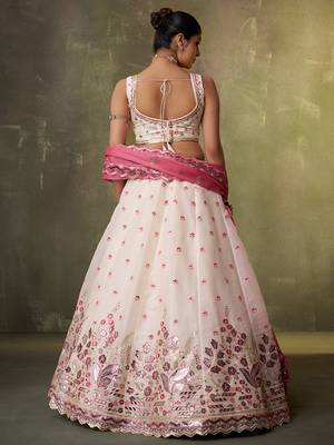 Cream Organza Sequins Thread & Embroidery Lehenga Choli With Dupatta 7