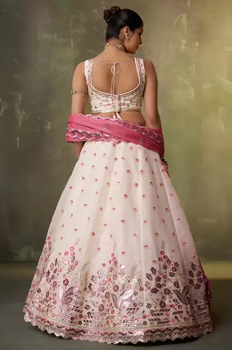 Cream Organza Sequins Thread & Embroidery Lehenga Choli With Dupatta