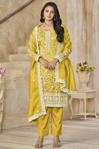 Yellow organza embroidered salwar suit for festival