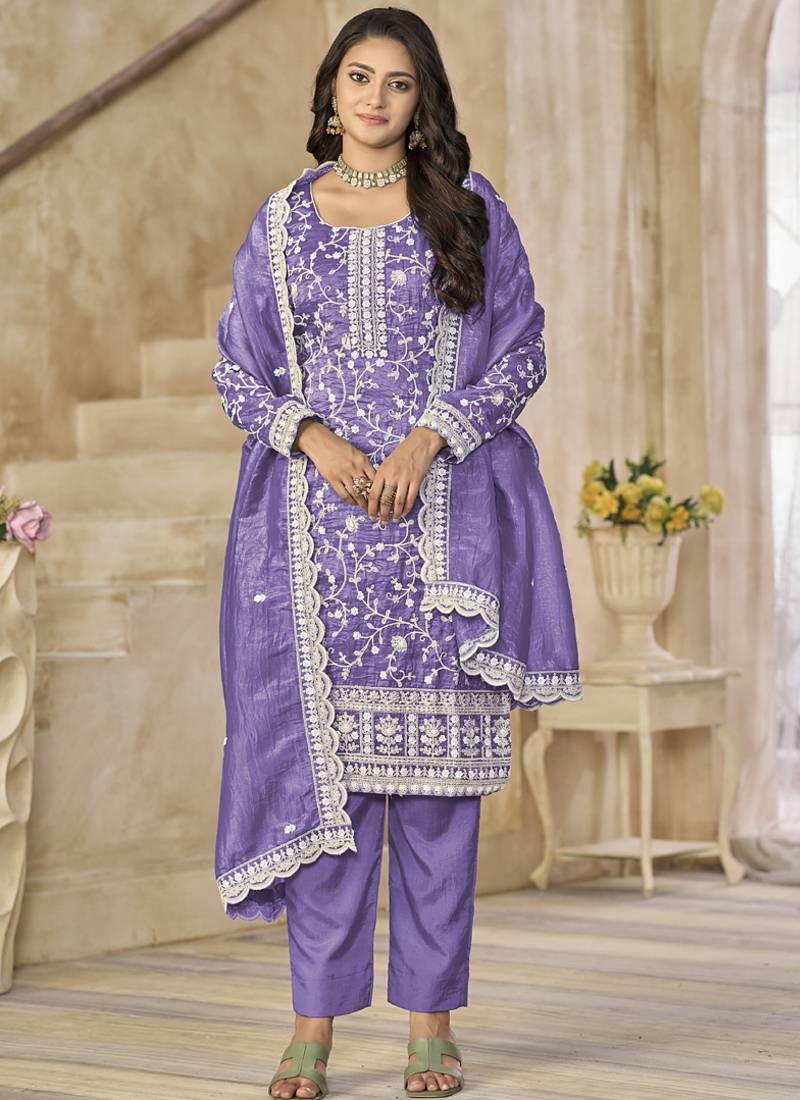 Lavender organza embroidered salwar suit for festival
