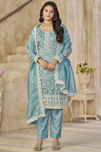 Sea green organza embroidered salwar suit for festival