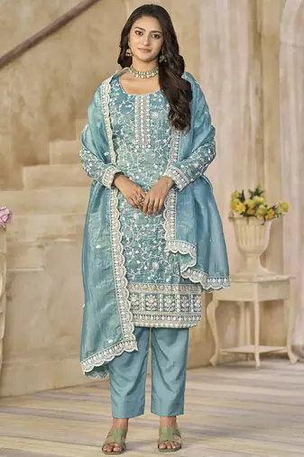 Sea green organza embroidered salwar suit for festival