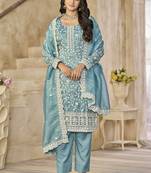 Sea green organza embroidered salwar suit for festival