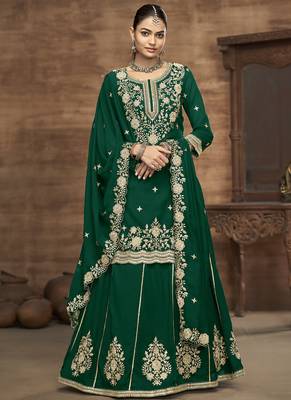 Green vichitra silk embroidered lehenga style suit 1