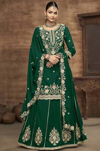 Green vichitra silk embroidered lehenga style suit