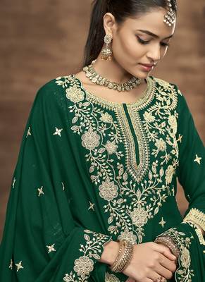 Green vichitra silk embroidered lehenga style suit 2