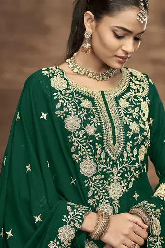 Green vichitra silk embroidered lehenga style suit