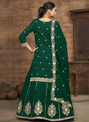 Green vichitra silk embroidered lehenga style suit 3