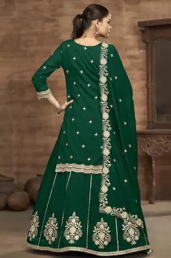 Green vichitra silk embroidered lehenga style suit