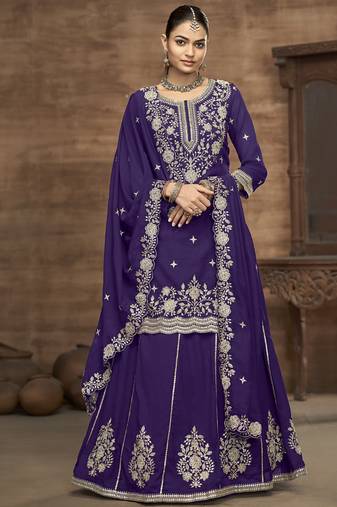 Violet vichitra silk embroidered lehenga style suit