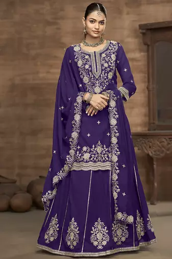 Violet vichitra silk embroidered lehenga style suit
