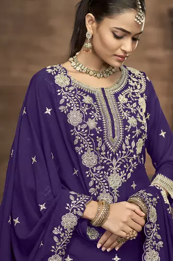 Violet vichitra silk embroidered lehenga style suit