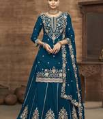 Royal blue vichitra silk embroidered lehenga style suit