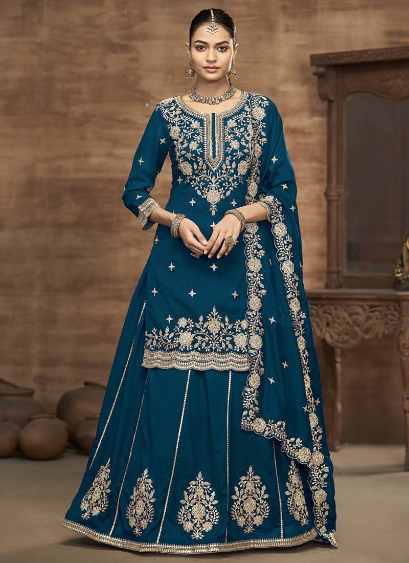 Royal blue vichitra silk embroidered lehenga style suit