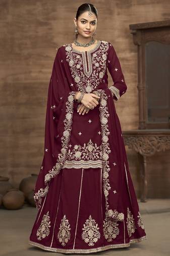 Maroon vichitra silk embroidered lehenga style suit
