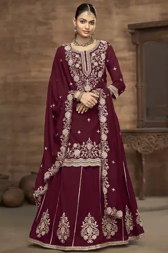 Maroon vichitra silk embroidered lehenga style suit