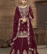Maroon vichitra silk embroidered lehenga style suit