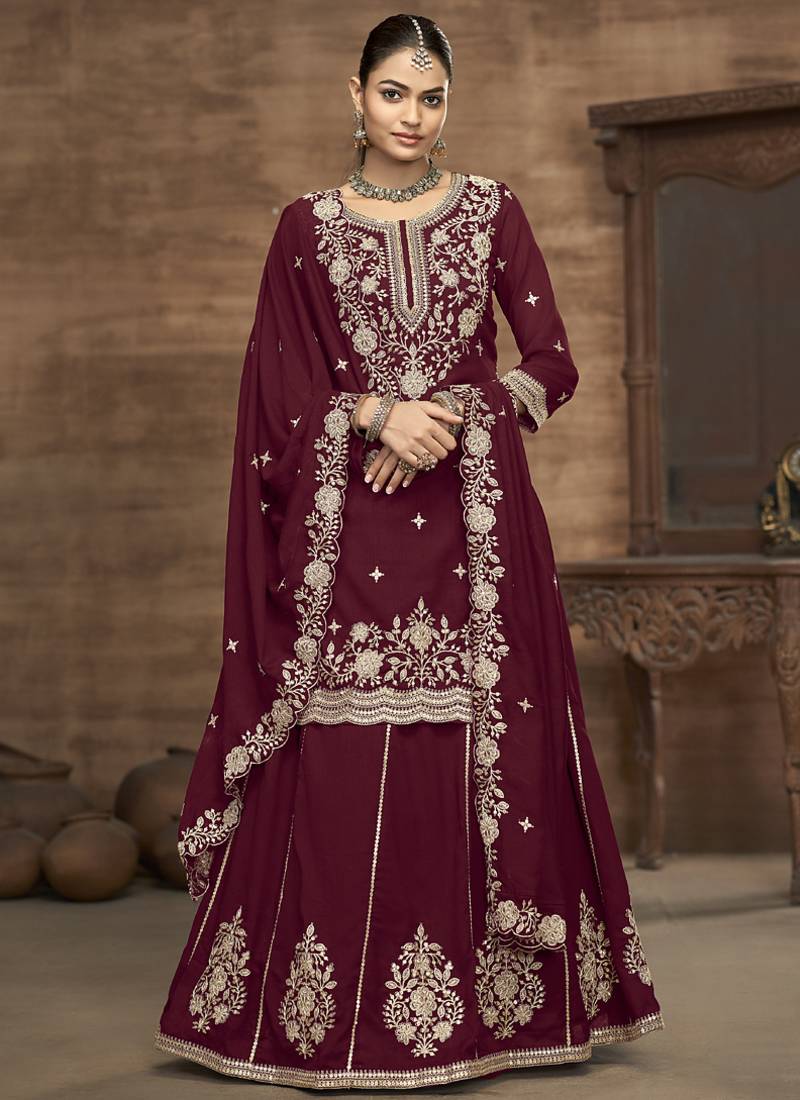 Maroon vichitra silk embroidered lehenga style suit