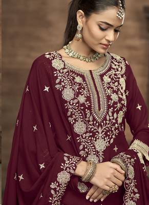 Maroon vichitra silk embroidered lehenga style suit 2