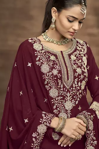 Maroon vichitra silk embroidered lehenga style suit