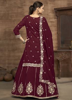 Maroon vichitra silk embroidered lehenga style suit 3