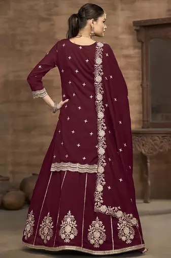 Maroon vichitra silk embroidered lehenga style suit