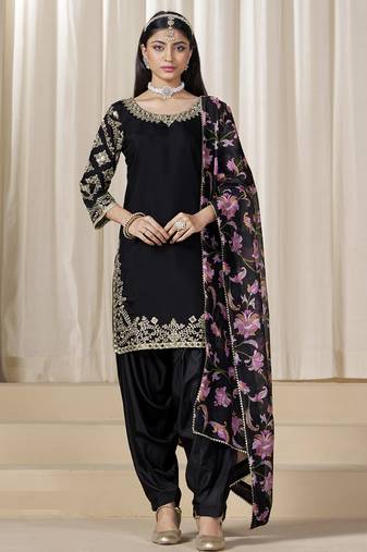 Black roman silk embroidered salwar suit for festival
