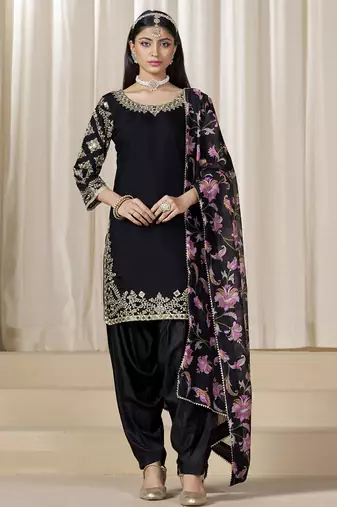 Black roman silk embroidered salwar suit for festival