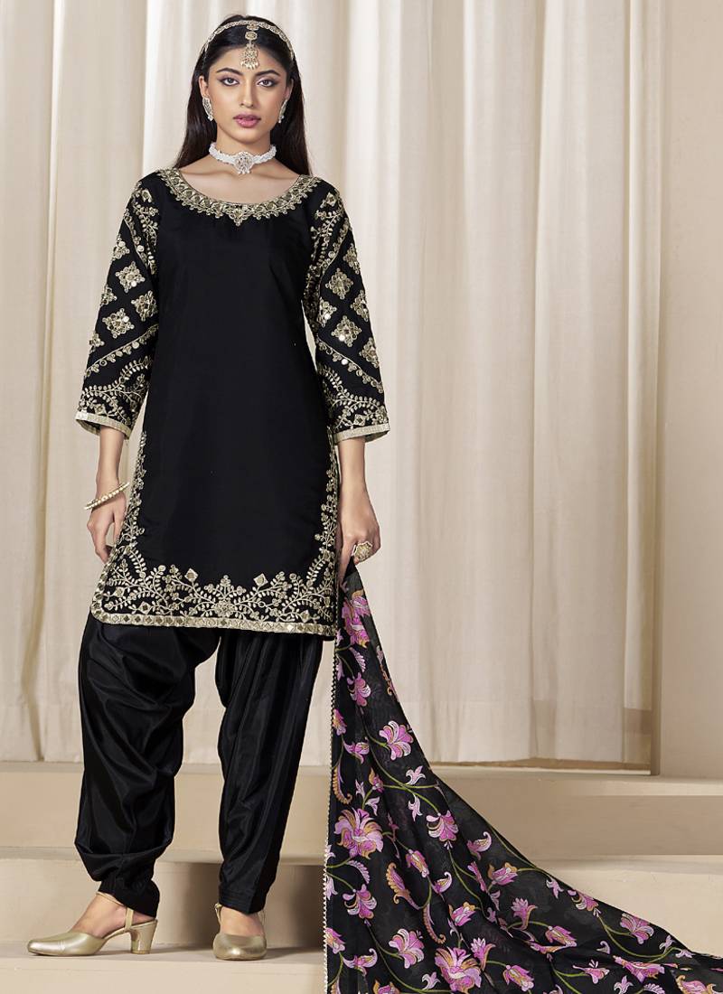 Black roman silk embroidered salwar suit for festival