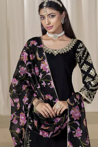 Black roman silk embroidered salwar suit for festival