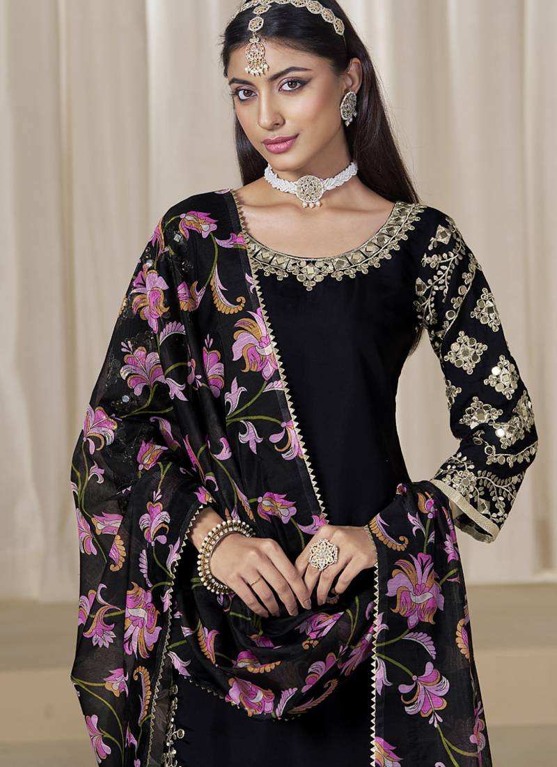 Black roman silk embroidered salwar suit for festival