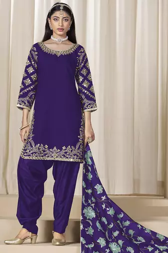 Violet roman silk embroidered salwar suit for festival