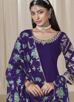 Violet roman silk embroidered salwar suit for festival 2