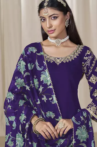 Violet roman silk embroidered salwar suit for festival