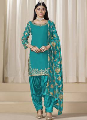 Turquoise roman silk embroidered salwar suit for festival 1