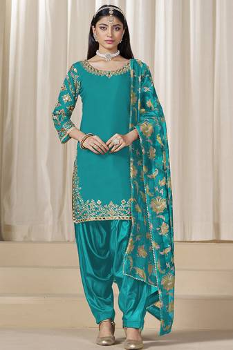 Turquoise roman silk embroidered salwar suit for festival