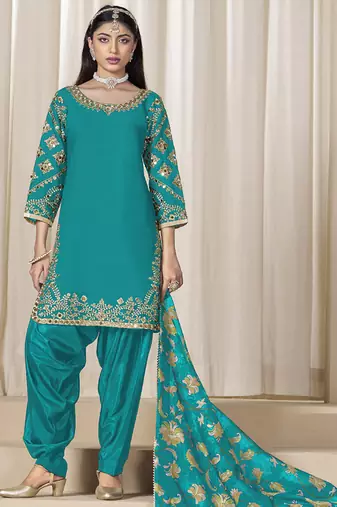 Turquoise roman silk embroidered salwar suit for festival