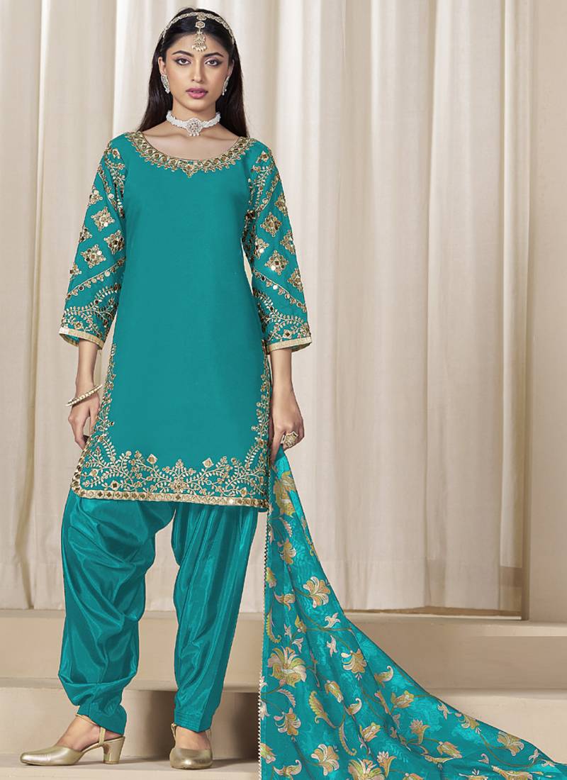 Turquoise roman silk embroidered salwar suit for festival
