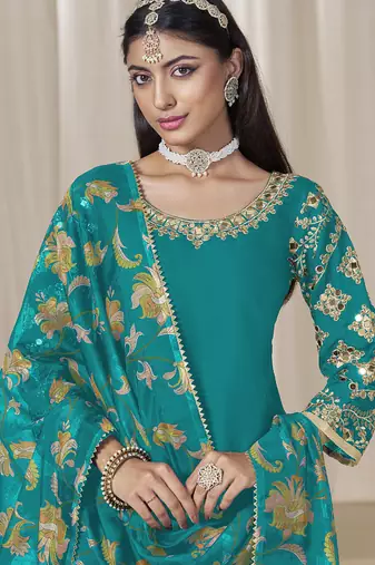 Turquoise roman silk embroidered salwar suit for festival